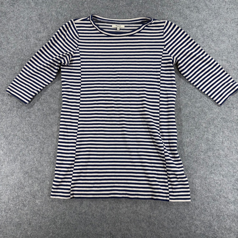 Madewell Women Navy White Striped 3/4 Sleeve Knit Top Crew Neck Size M 21307
